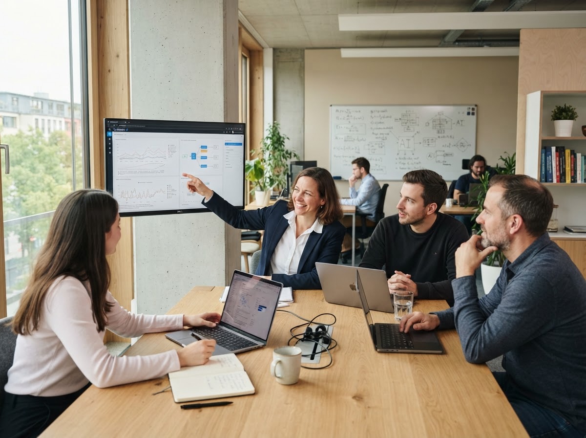 Synthalora ai data infrastructure team reviewing quantitative model output
